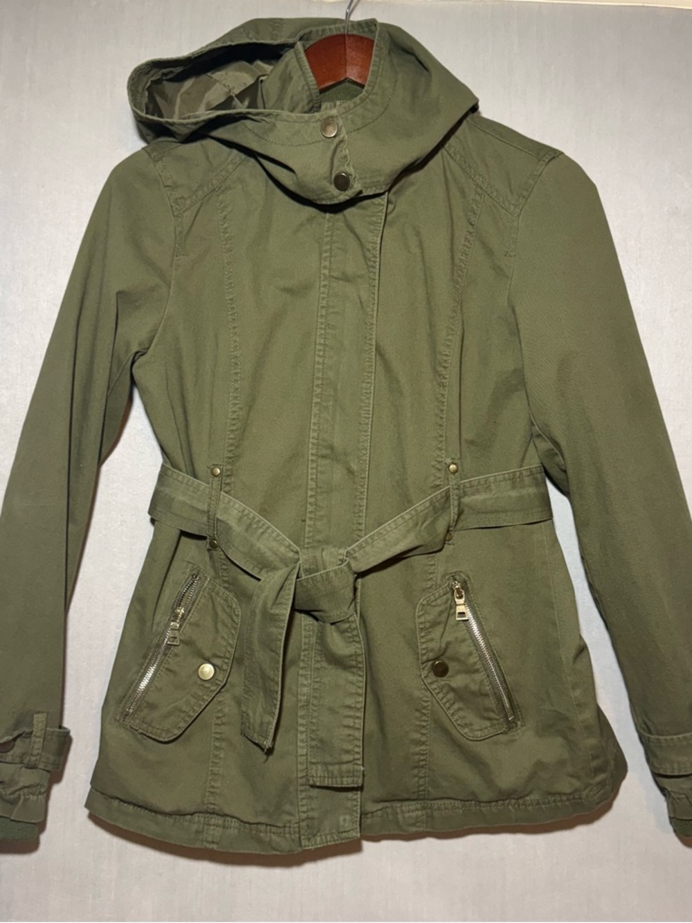 Miss London Olive Hooded Lined Utility Jacket with Belt